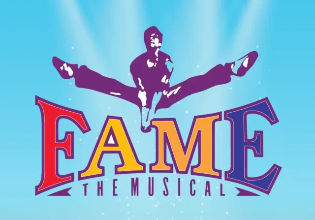 The image depicts a dancer jumping in the air with the words 'Fame the musical'