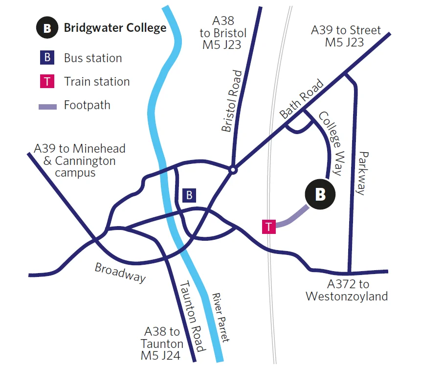 Map of Bridgwater College transport links