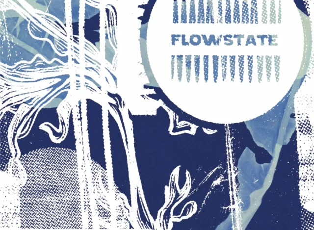An abstract blue and white image with the word 'FLOWSTATE' in a white circle.