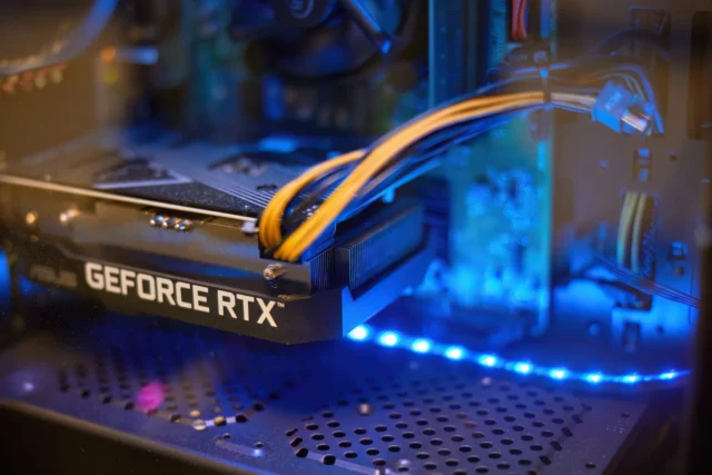 A computer graphics card with GEFORCE RTX text on it