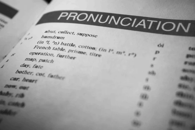Close-up of a page with the title 'Pronunciation' and lists of words with phonetic pronunciations.