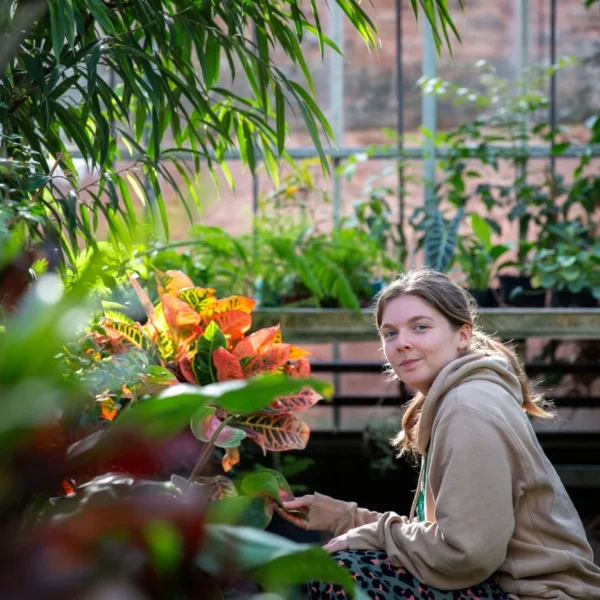 Woman sitting in a garden with flowers