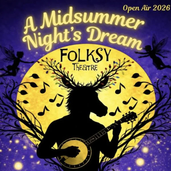 Silhouette of a man with deer antlers playing a banjo in front of a yellow moon with music notes and trees.
