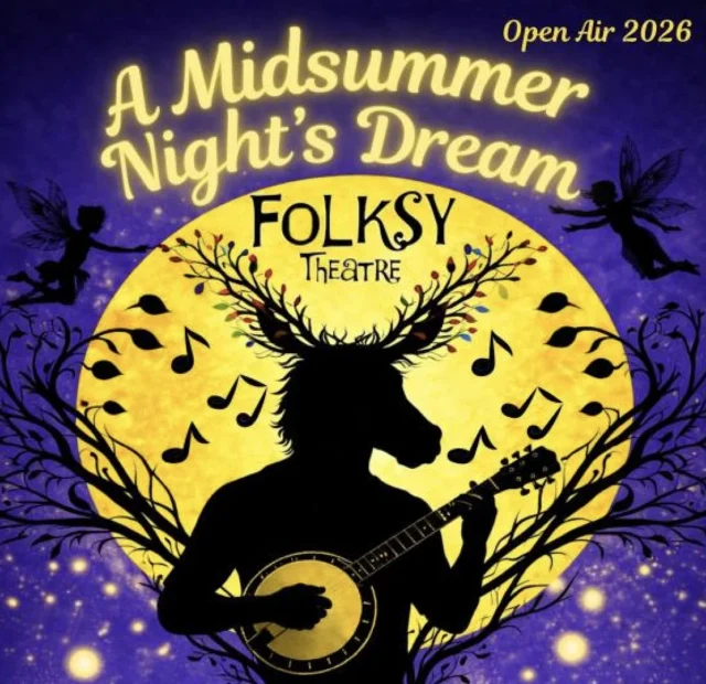 Silhouette of a man with deer antlers playing a banjo in front of a yellow moon with music notes and trees.
