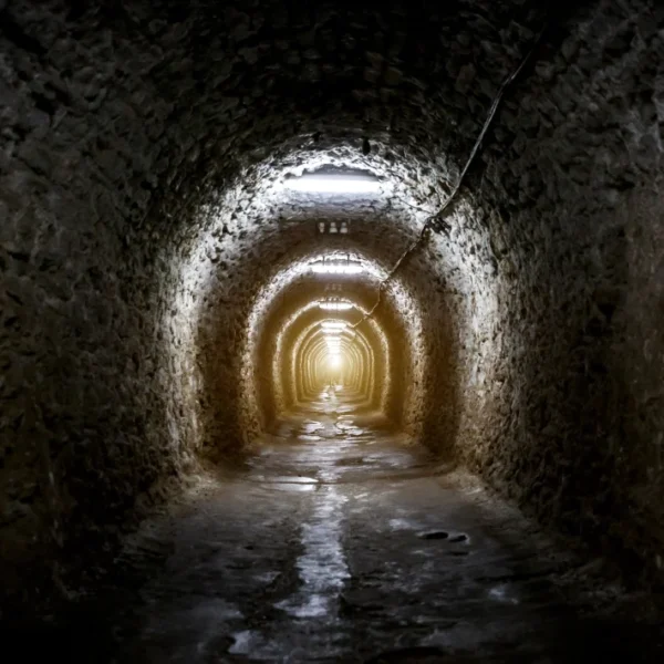 A dimly lit tunnel with stone walls and a high arched ceiling stretches into the distance.