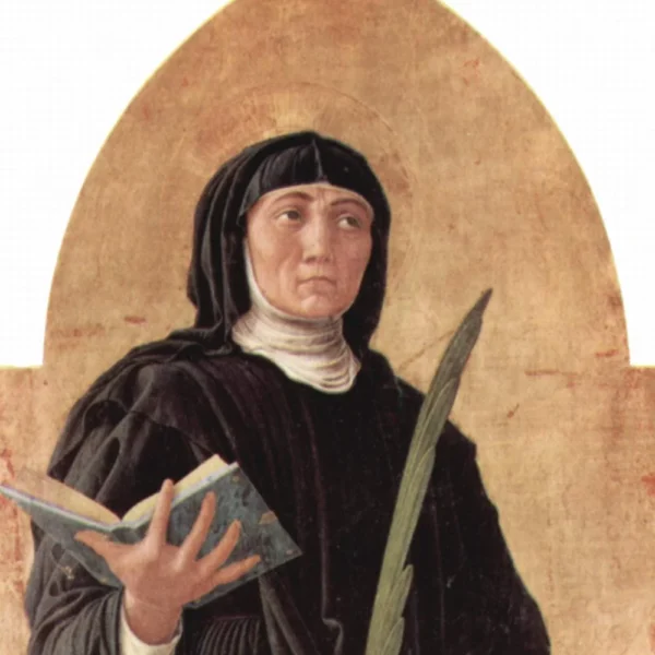 A painting of a man in a black monk's robe holding a book and a palm branch.