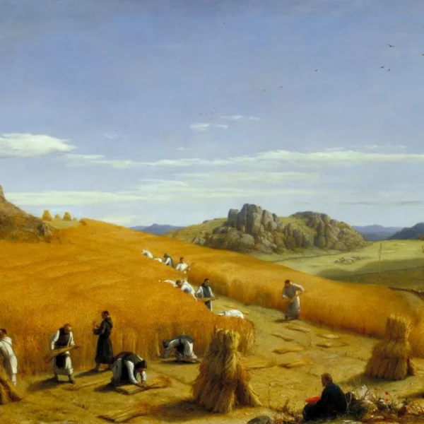 Harvest scene with people working in a field, gathering haystacks under a blue sky.