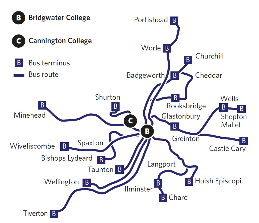 Bus route map showing Bridgwater College and Cannington College with various stops.
