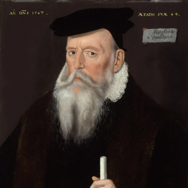 Portrait of an elderly man with a long white beard and mustache, wearing a black hat and robe.