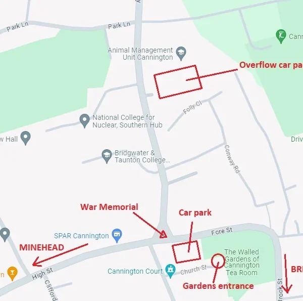 A map showing locations of car parks and other areas.