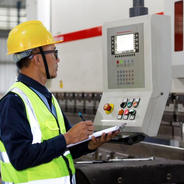 A factory worker wearing a yellow hard hat and high-visibility vest is inspecting machinery while writing on a clipboard.