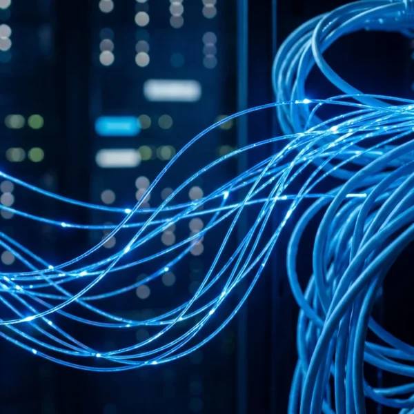 A close-up view of a server with blue cables.