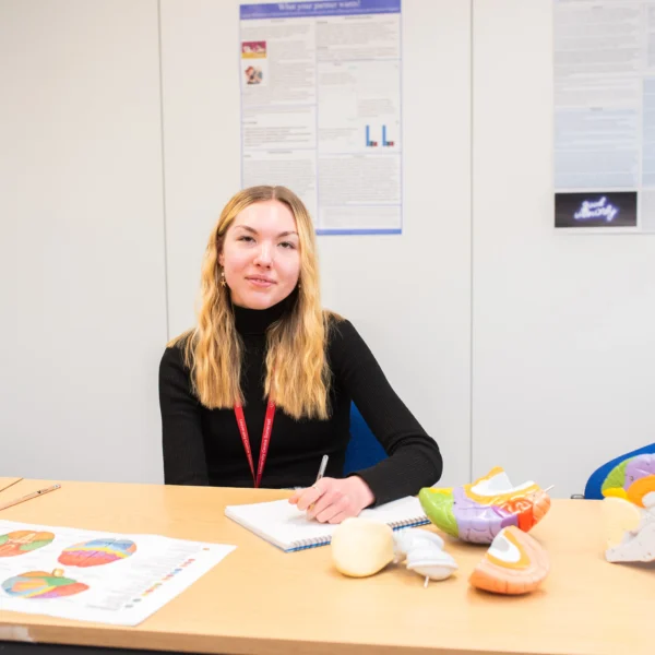 Woman sitting at a table with various dental models and a poster.