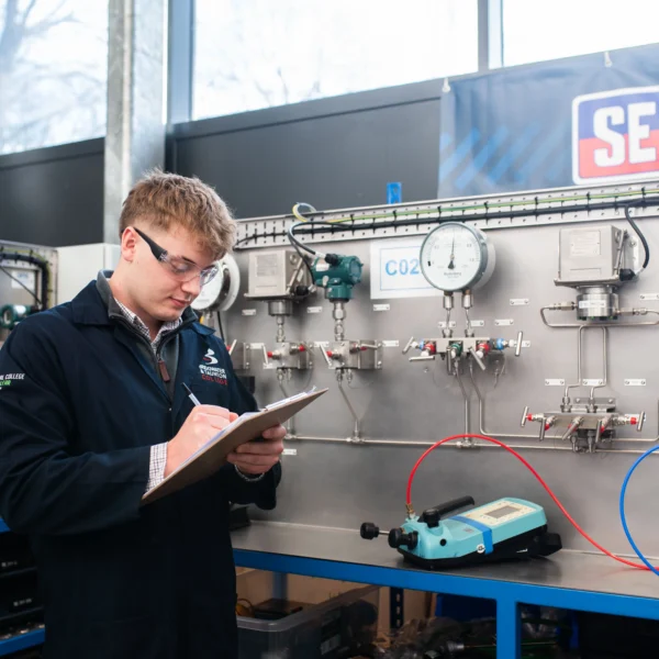 Man in a lab coat looking at a tablet in front of industrial equipment.