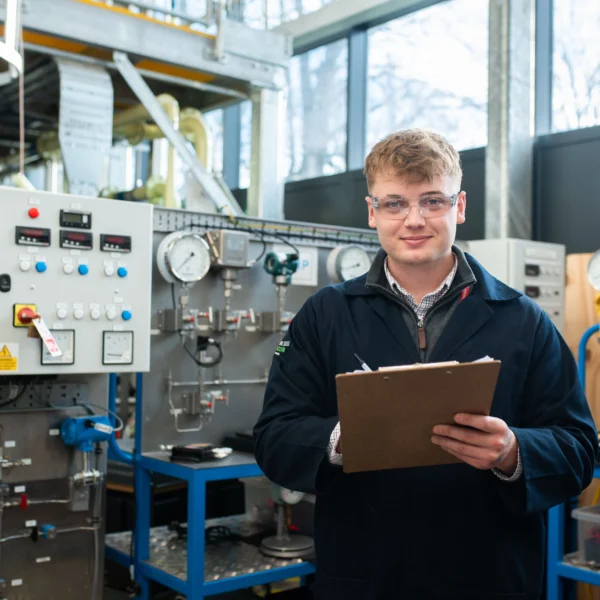 Man in a lab coat holding clipboard standing in front of industrial machinery.