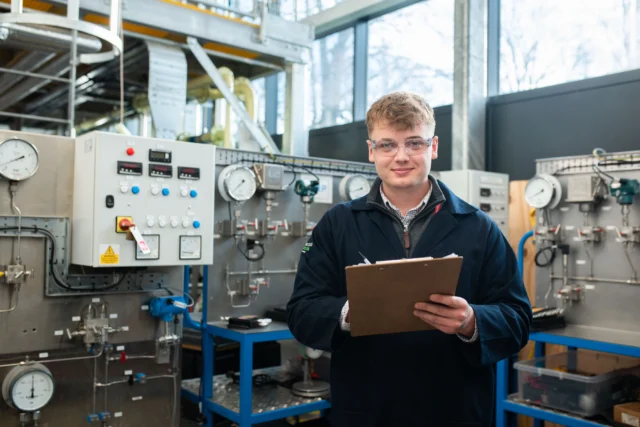Man in a lab coat holding clipboard standing in front of industrial machinery.