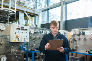 A man in a lab coat standing in front of industrial equipment, holding a clipboard.