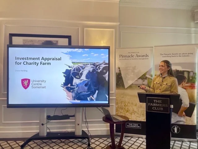 Woman presenting on Investment Appraisal for Charity Farm with a cow image, for the Pinnacle Awards final in London