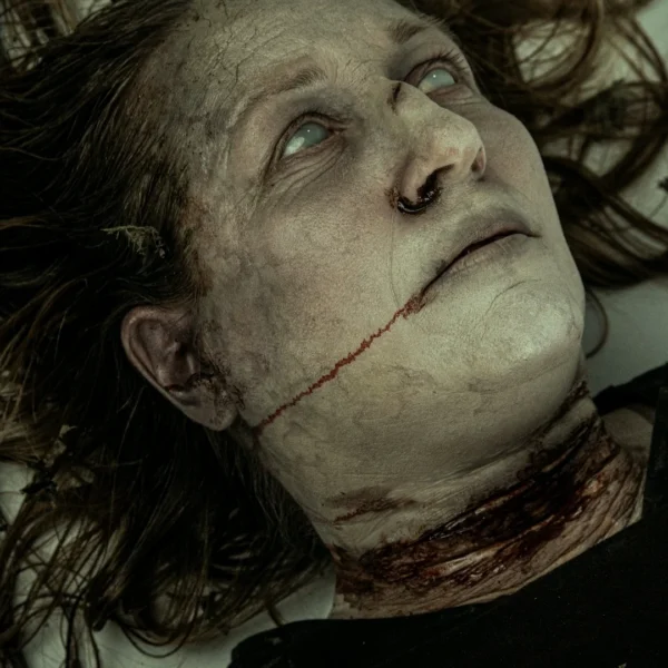A woman with a severe neck wound and bloodstains on her face and clothes entirely created from prosthetics and makeup.