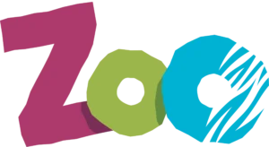 The word Zoo with a pink Z, green O and blue C with zebra stripes