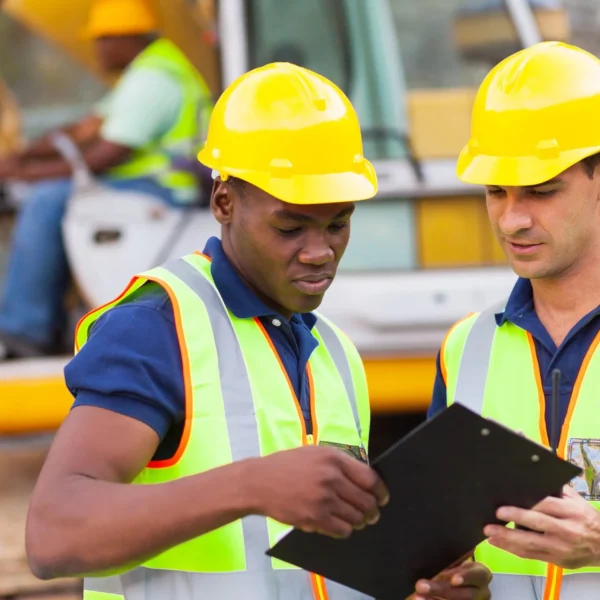 Two construction workers in hard hats and vests looking at a tablet.