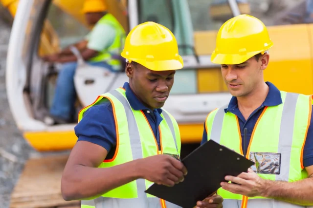 Two construction workers in hard hats and vests looking at a tablet.