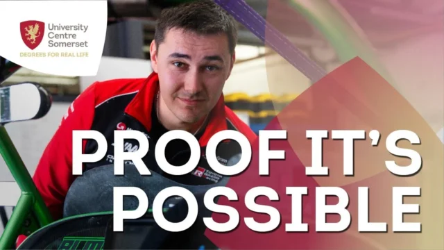 A man in a red and black jacket sitting on a green bicycle with the University of Bedfordshire logo.
