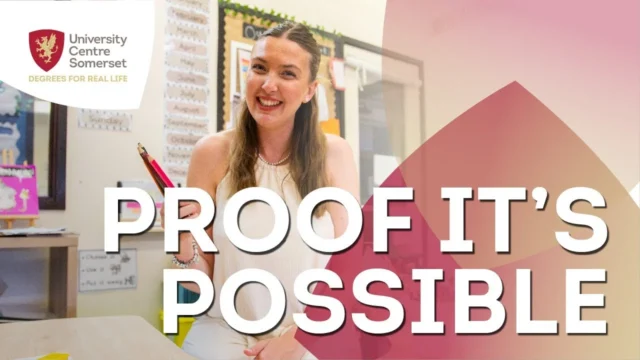 Smiling student holding books in a classroom, University of Somerset logo.