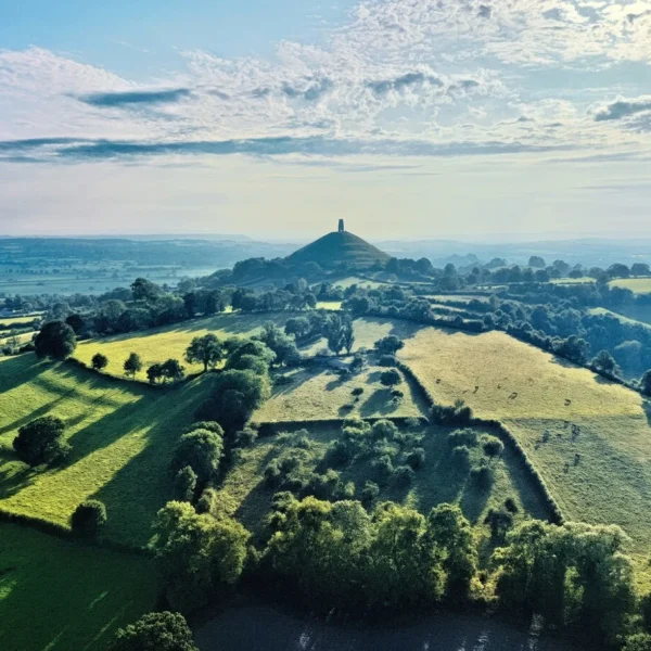 Aerial view of a lush green landscape with a large hill in the background.