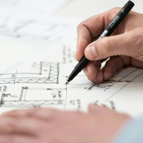 A person drawing on architectural plans with a pen.