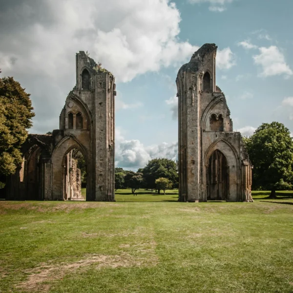 Two tall, ruined towers stand on green grass with trees and blue sky in background.
