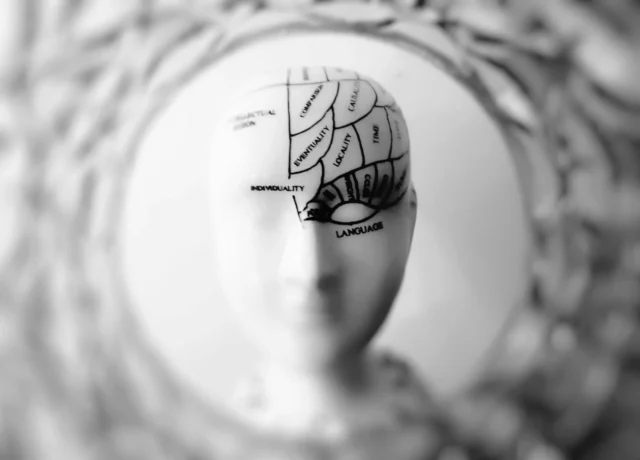 Face of woman with lines around the eye and temple area marked on her forehead reflecting in crystal ball.