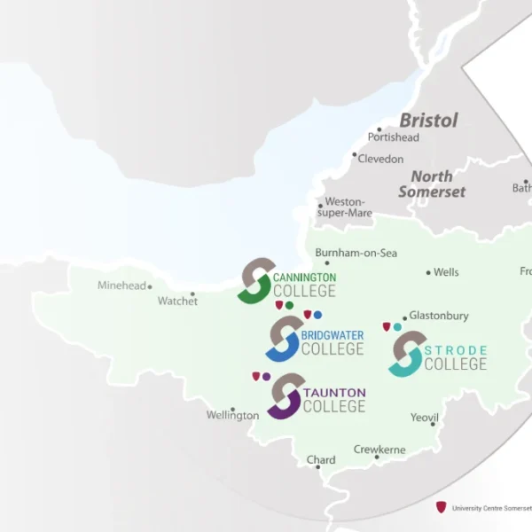 Map of South West England with locations of colleges marked.