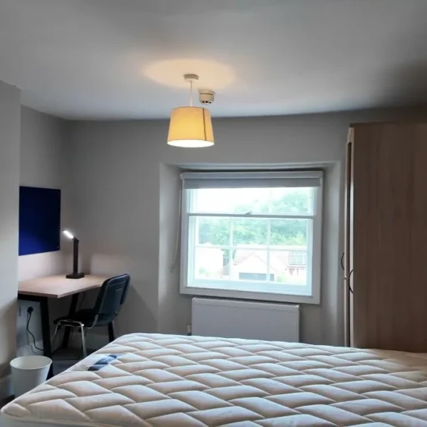 A small bedroom with a single bed, desk, and window. The room is simply furnished.