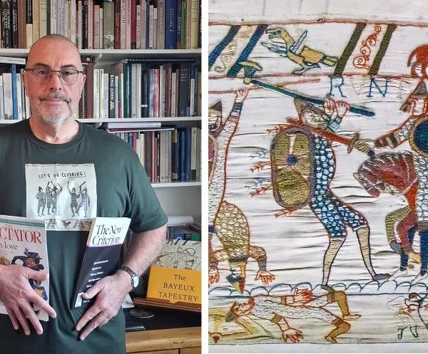 Dr Sean McGlynn on the left and the Bayeux Tapestry on the right