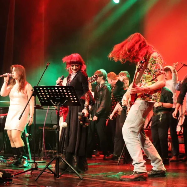 A live music performance with a band on stage, various musicians playing instruments and singing.