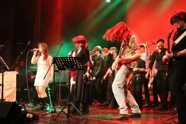 A live music performance with a band on stage, various musicians playing instruments and singing.