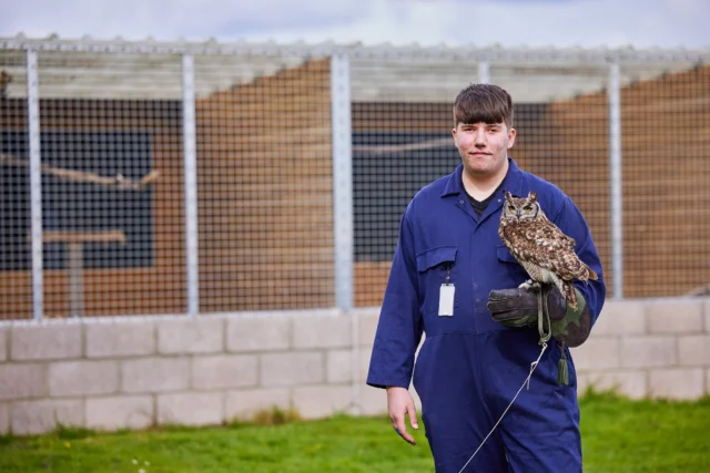 Man holding an owl on his arm, wearing a blue jumpsuit and glove.