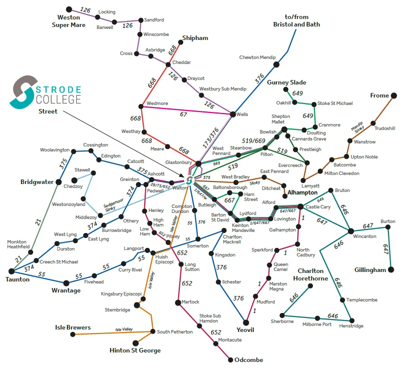 A map of bus routes operated by Strode College.