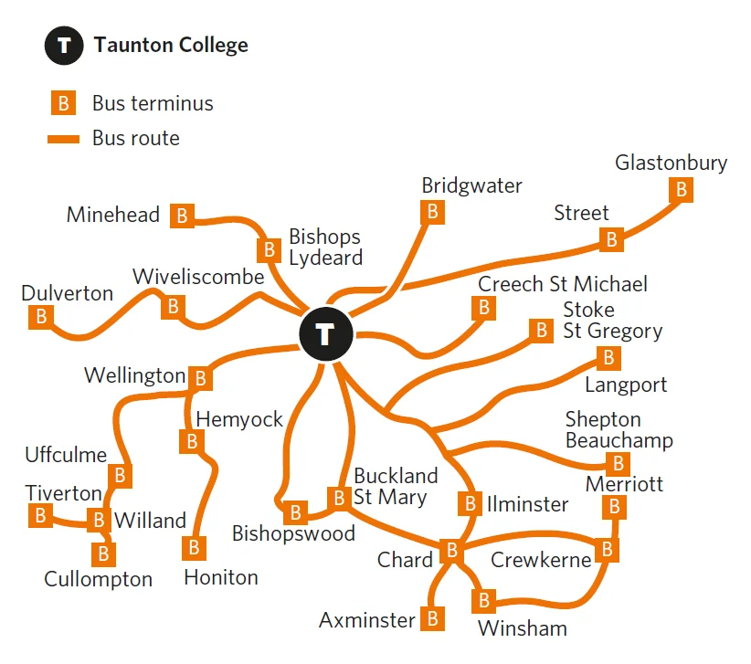 A map of Taunton College bus routes and terminus.