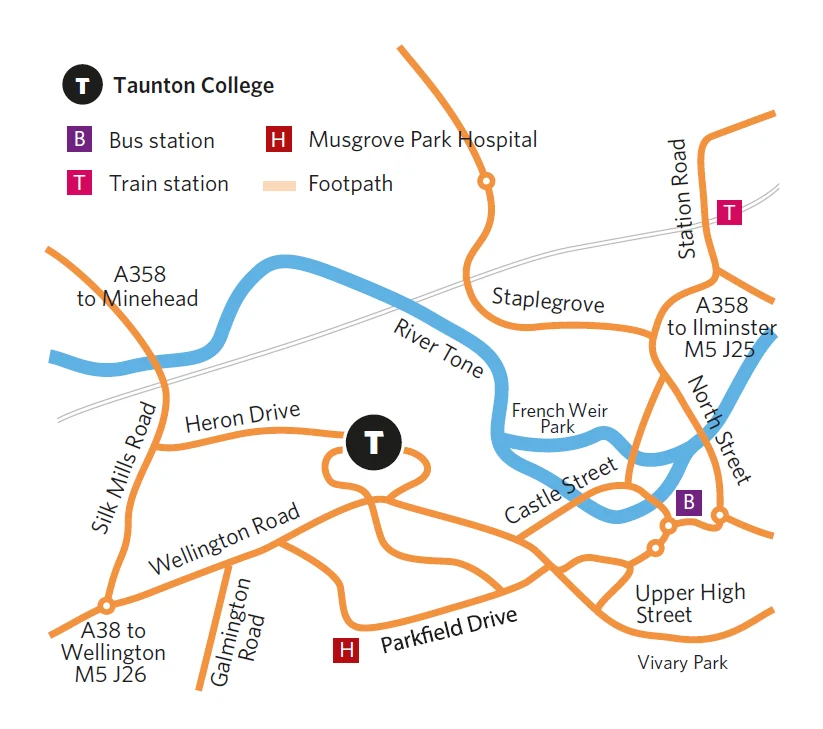 Map of Taunton College location with bus station, train station, and footpath marked.